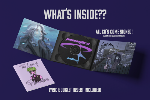 Music album packaging with artwork and text on a dark blue background