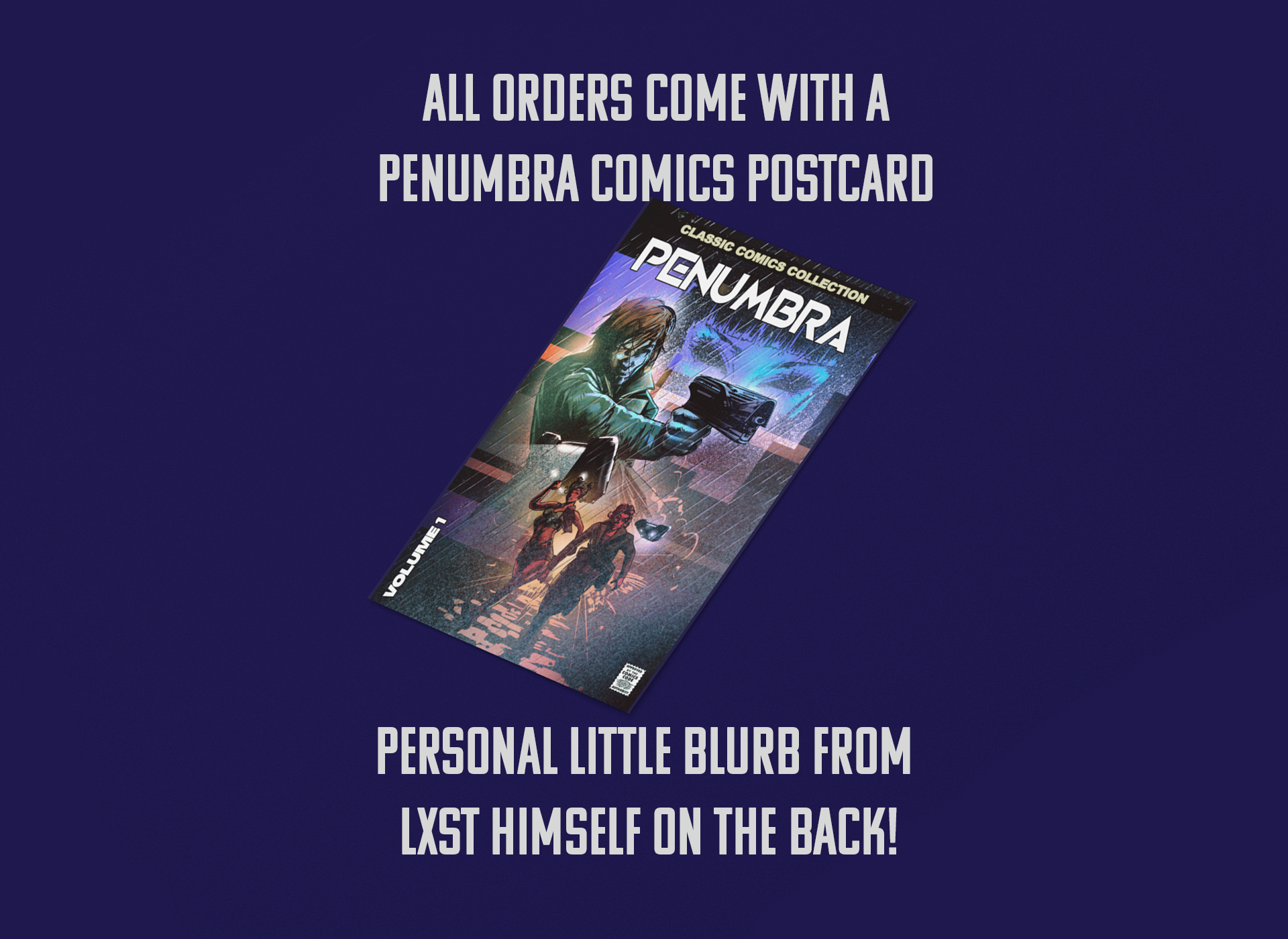 Penumbra comic book cover post card on a blue background with promotional text.